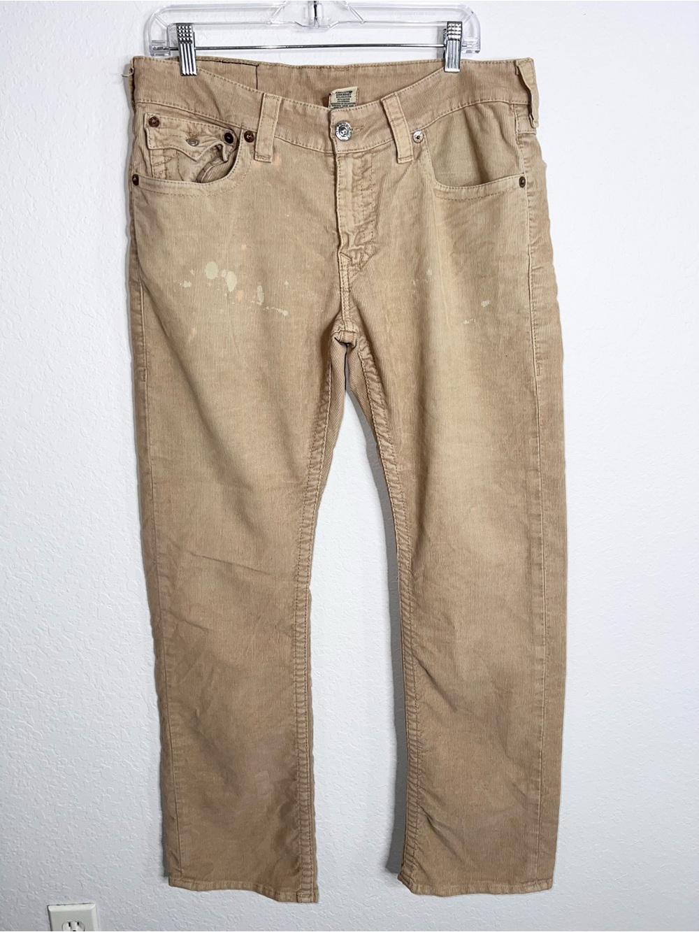 True Religion Straight Corduroy Pants Men Size 33 Beige Tan Distressed B30